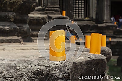 Khmer New Year paper lantern on cambodian temple. Khmer New Year celebration tradition. Stock Photo