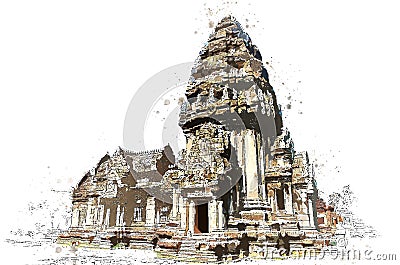 Khmer stone sanctuary in watercolor art of vector. Vector Illustration