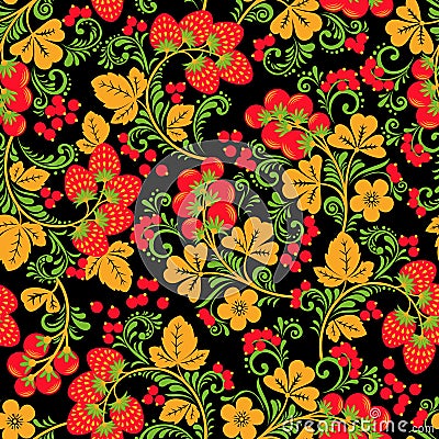 Khokhloma seamless pattern with berries and leaves on black background Vector Illustration