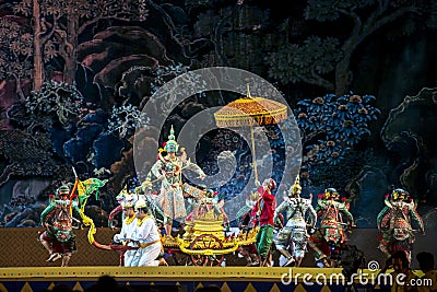 Khon is dance drama of Thai classical masked, this performance is Ramayana epuc, act Vishnu Editorial Stock Photo