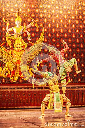 Khon performance, the battle between giant and evil in literature the Ramayana epic. Khon is Thai classic masked play, culture and Editorial Stock Photo