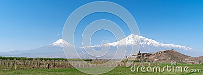 Khor Virap monastery on the background of mount Ararat in Armenia, long wide banner. Stock Photo