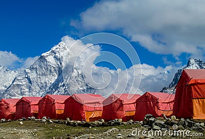 Everest Base Camp tents on Khumbu glacier EBC, Nepal side Stock Photo