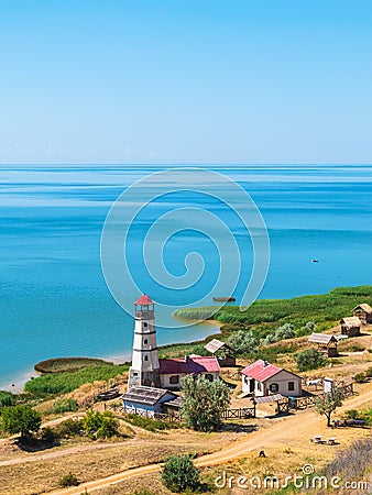 Khutor Merzhanovo, Rostov region, Russia - August 3, 2020: lighthouse on the shore of the Sea of Azov Editorial Stock Photo