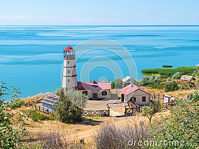 khutor Merzhanovo, Rostov region, Russia - August 3, 2020: lighthouse on the shore of the Sea of Azov Editorial Stock Photo