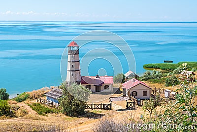 khutor Merzhanovo, Rostov region, Russia - August 3, 2020:Taganrog Bay of the Azov Sea, view of the lighthouse Editorial Stock Photo