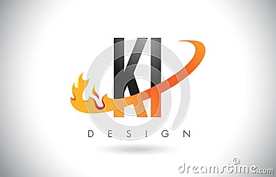 KI K I Letter Logo with Fire Flames Design and Orange Swoosh. Vector Illustration