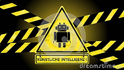 KI Lettering - Artificial Intelligence on a warning sign with caution tapes in black yellow colour Stock Photo