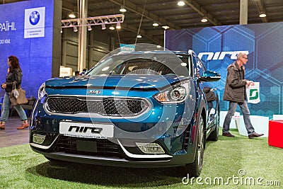 Kia Niro hybrid car booth, Kiev Plug-in Ukraine 2017 Exhibition. Editorial Stock Photo