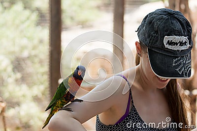 Kibutz Nir David, Israel, June 10, 2017 : Parrot sits on the hand of a young woman at the Australian Zoo Gan Guru in Kibbutz Nir D Editorial Stock Photo