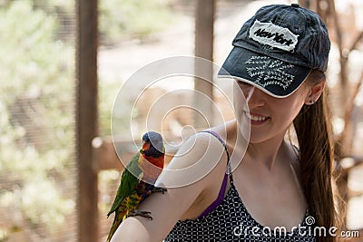 Kibutz Nir David, Israel, June 10, 2017 : Parrot sits on the hand of a young woman at the Australian Zoo Gan Guru in Kibbutz Nir D Editorial Stock Photo