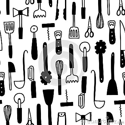 Kichen utencils and cutlery seamless pattern. Doodle outline cooking and baking illustration. Vector Illustration