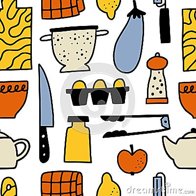 Kichen utencils and cutlery seamless pattern. Doodle outline cooking illustration. Vector Illustration