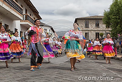 Kichwa people dancing in the street Editorial Stock Photo