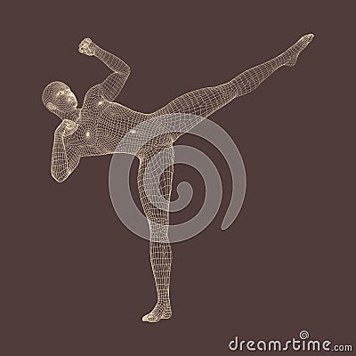 Kickbox Fighter Preparing to Execute a High Kick. Fitness, Sport, Training and Martial Arts Concept. 3D Model of Man. Vector Illustration
