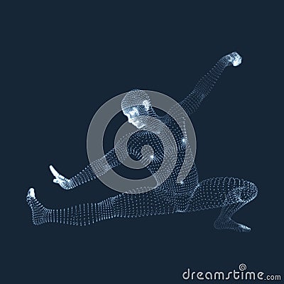 Kickbox Fighter Preparing to Execute a High Kick. Fitness, Sport, Training and Martial Arts Concept. 3D Model of Man. Human Body. Vector Illustration