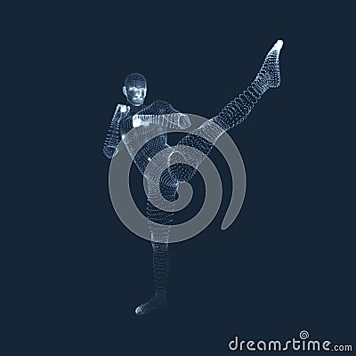 Kickbox Fighter Preparing to Execute a High Kick. Fitness, Sport, Training and Martial Arts Concept. 3D Model of Man. Human Body. Vector Illustration