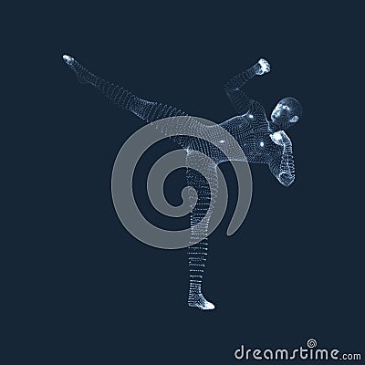 Kickbox Fighter Preparing to Execute a High Kick. Fitness, Sport, Training and Martial Arts Concept. 3D Model of Man. Vector Illustration