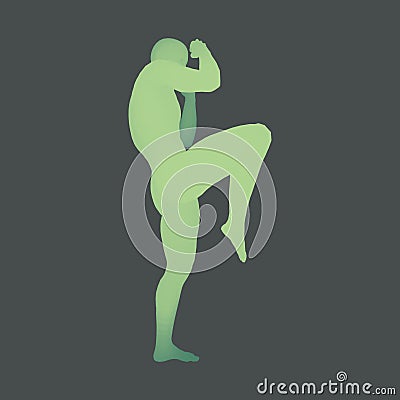 Kickbox Fighter Preparing to Execute a High Kick. Fitness, Sport, Training and Martial Arts Concept. 3D Model of Man. Vector Illustration