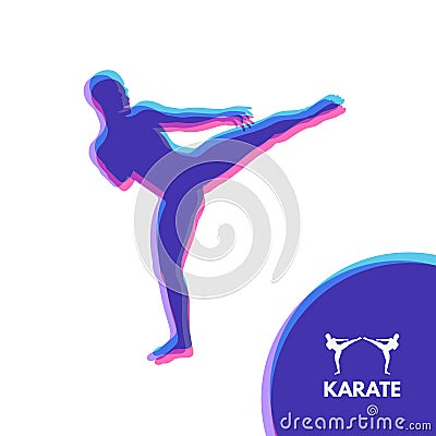 Kickbox fighter preparing to execute a high kick. Silhouette of a fighting man. Design template for Sport. Emblem for training. Vector Illustration