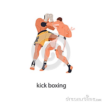 Kickboxing fight, martial art. Kick boxing fighters. Combat sport match. Boxers wrestling tournament. Men athletes in Vector Illustration