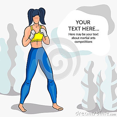 Kickboxing fighter girl posing in blue leggings Vector Illustration