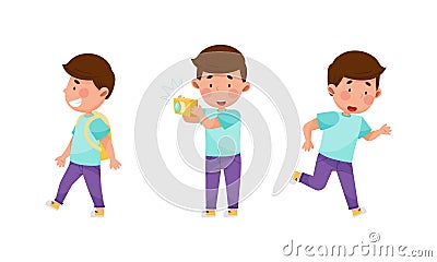Kid daily activities set. Cute boy walking with backpack, photographing and running cartoon vector illustration Vector Illustration