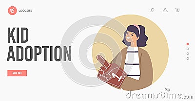Kid Adoption, Custody and Childcare Landing Page Template. Happy Girl Wearing Glove with Number One. Adopted Child Vector Illustration