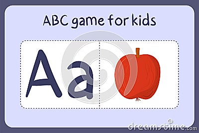 Kid alphabet mini games in cartoon style with letter A - apple. Vector Illustration