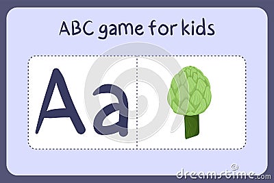 Kid alphabet mini games in cartoon style with letter A - artichoke. Vector Illustration
