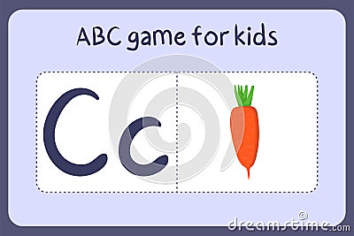 Kid alphabet mini games in cartoon style with letter C - carrot. Vector Illustration