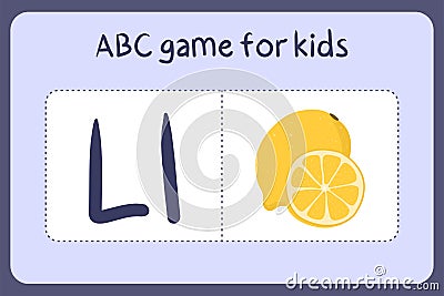 Kid alphabet mini games in cartoon style with letter L - lemon. Vector Illustration