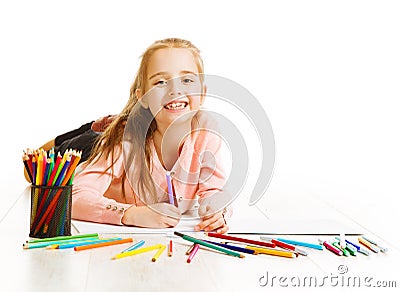 Kid Artist Drawing Color Pencils, Smiling Child Girl Imagination Stock Photo