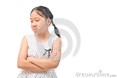 Kid Asian girl face expression envy, jealous isolated white background Stock Photo