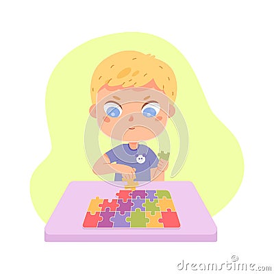 Kid with autism diagnosis, mental disorder of lonely little boy playing puzzle jigsaw Vector Illustration
