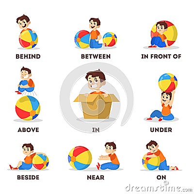 Kid and ball set. Learning preposition concept. Boy above Vector Illustration