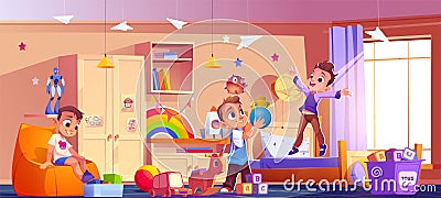 Kid bedroom interior with boys character vector Vector Illustration