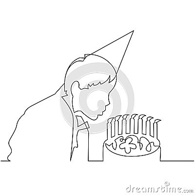 Kid blowing candles continuous one line drawing Vector Illustration