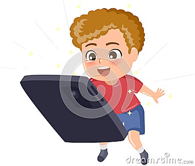 A Kid Boy Amazed Watching In A Imagination Smartphone Vector Illustration