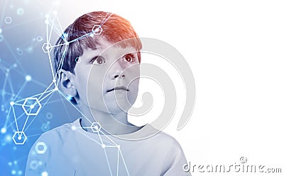 Kid boy and connection lines, blockchain and data storage. Copy space Stock Photo