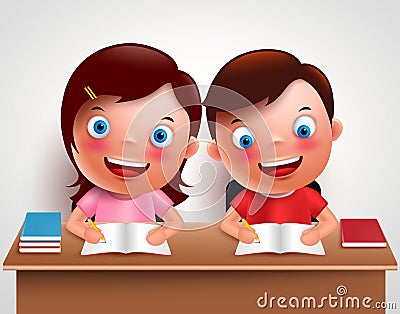 Kid boy and girl vector characters studying together doing homework Vector Illustration