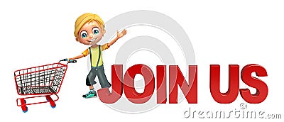 Kid boy with join us sign & trolly Cartoon Illustration