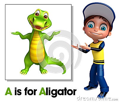 Kid boy pointing Alligator Cartoon Illustration