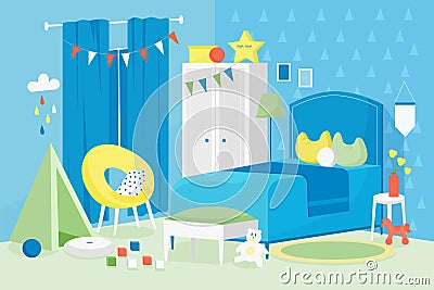 Kid boy room interior vector illustration, cartoon flat modern empty blue children bedroom in house apartment with bed Vector Illustration