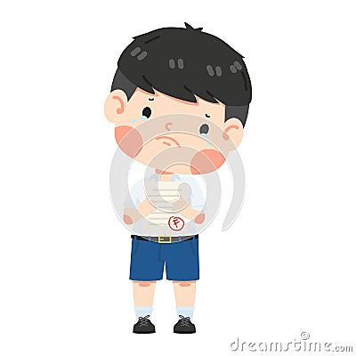 Kid boy student sad because get bad grade from exam Vector Illustration