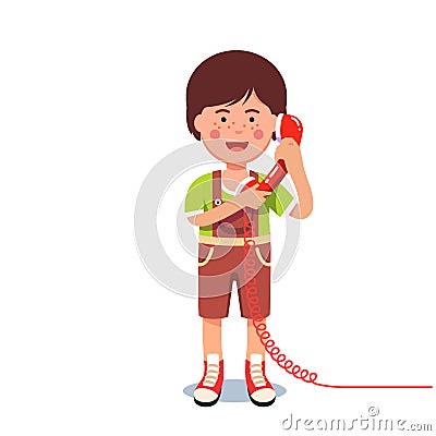 Kid boy talking on a retro wired telephone Vector Illustration