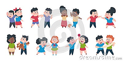 Kid bullying. Bad child behavior, scared and strong angry children conflict, cartoon characters confrontation. Vector Vector Illustration