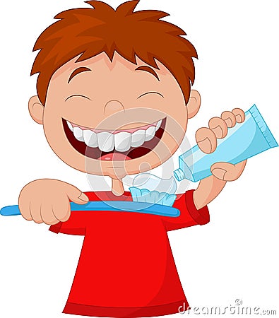 Kid cartoon squeezing tooth paste on a toothbrush Vector Illustration