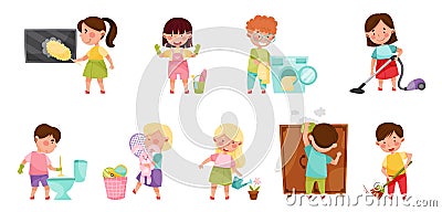 Kid Characters Cleaning Room and Doing Household Chores Vector Illustration Set Vector Illustration