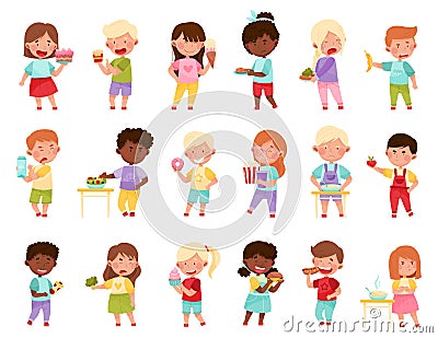 Kid Characters Showing Likes and Dislikes Towards Different Food Vector Illustration Set Vector Illustration